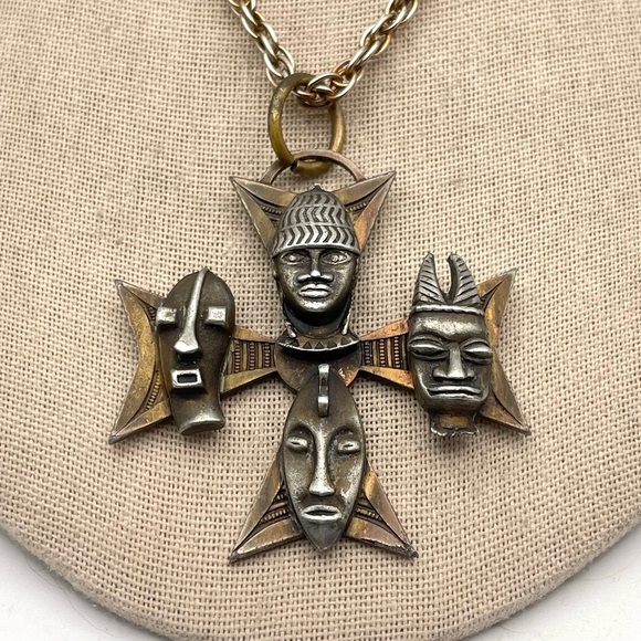 Rare Tribal Cross With Senufo Culture African Masks Necklace - Picture 1 of 15
